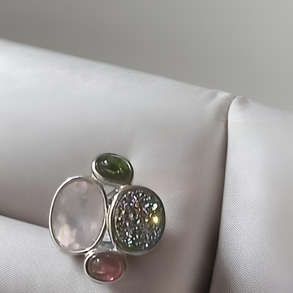 Pink & Green Tourmaline Druzy Quartz Cluster Statement Ring 925 - Picture 5 of 7